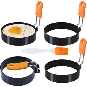 Egg Rings Set of 4 with Silicone Handle, Large Ring for Frying Eggs, Round Mold for English Muffins - Griddle Cooking Shaper for Indoor Camping Breakfast Sandwiches w/Silicone Oil Brush