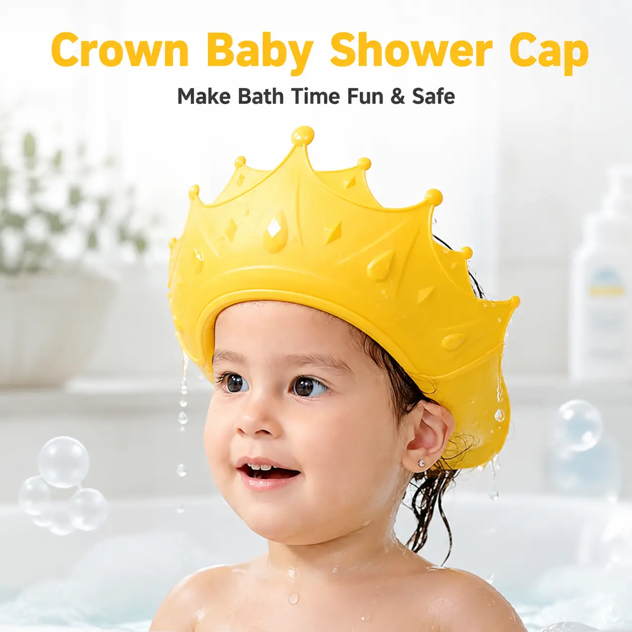 Baby Shower Cap Shield - Skin-Friendly Soft Adjustable-Size Kids Visor Hat for 0-9 Years Old, Eye Protection, Ear Protection, Cute Crown Shape for Bath Time (Yellow)