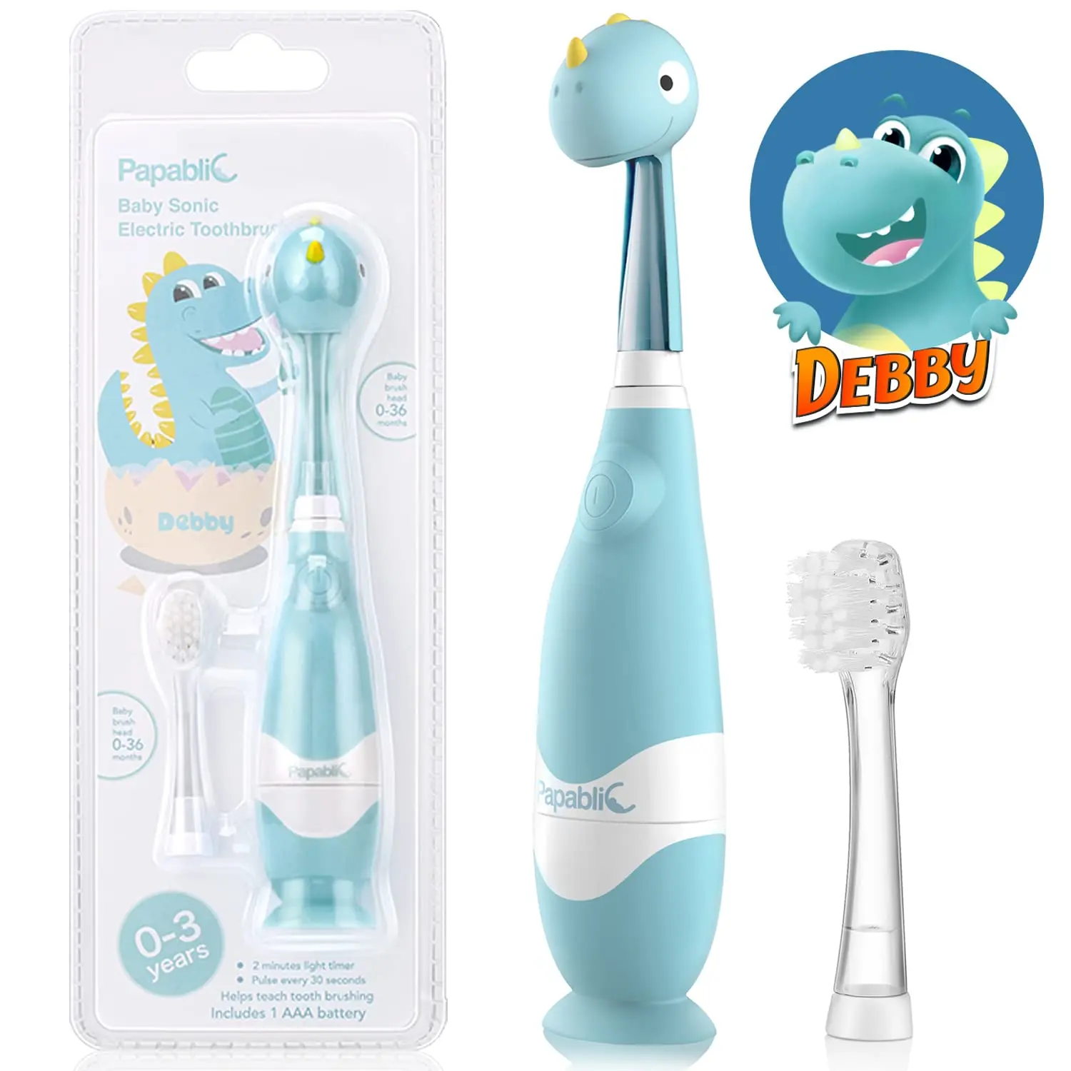 Papablic Debby Sonic Electric Toddler Toothbrush for Age 1-3Y, Kids Electric Toothbrush with Smart LED Timer, Dino Cover, 2 Brush Heads, Gentle Clean, Lightweight Oral Care Tools, Baby Travel Toothbrush, Gift