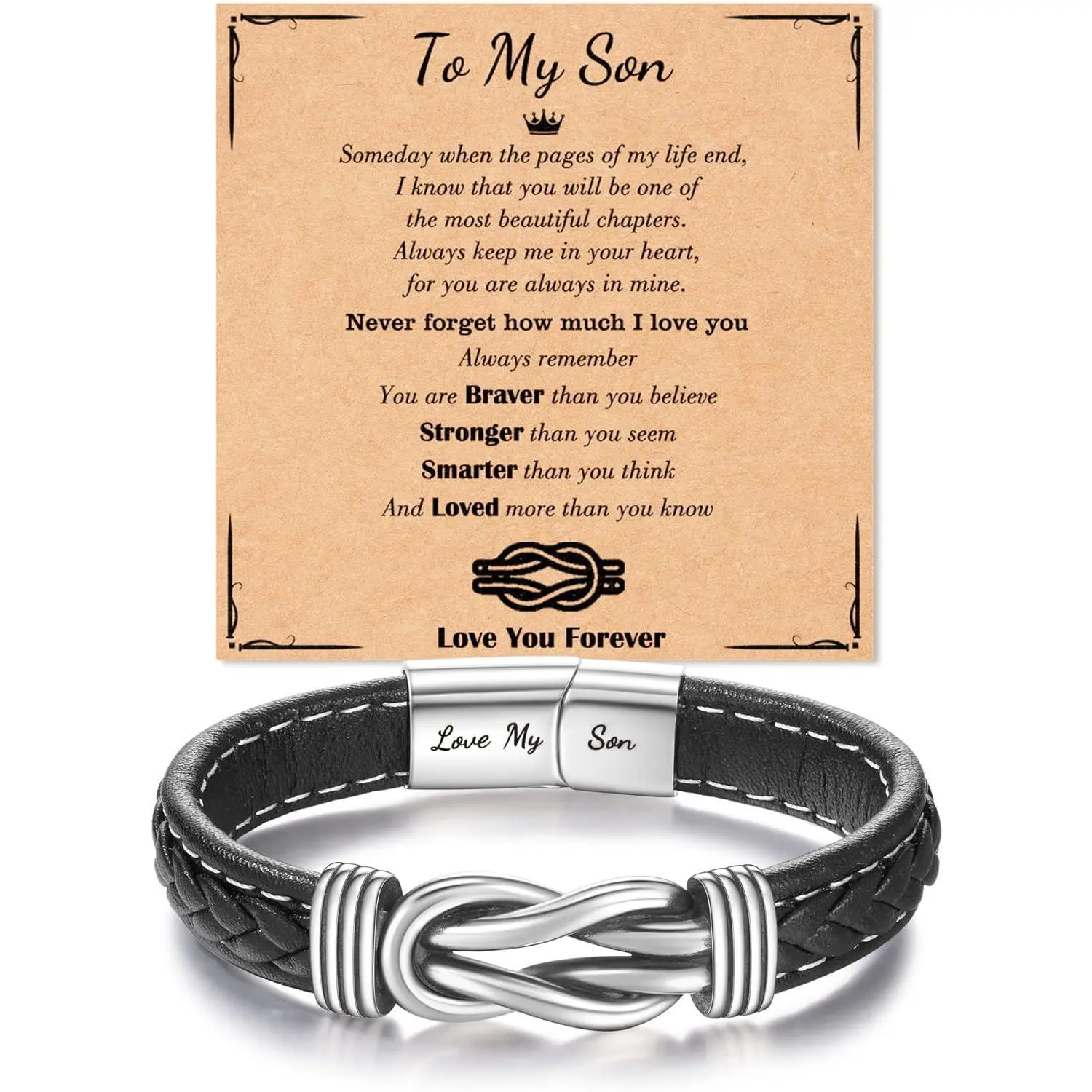 Men's Braided Leather Cuff Bracelet, Stainless Steel Knot Design, 2.7 Inches Inner Diameter, 8.2 Inches Length, Forever Linked Theme, Birthday Gift for Male Adults with Gift Card