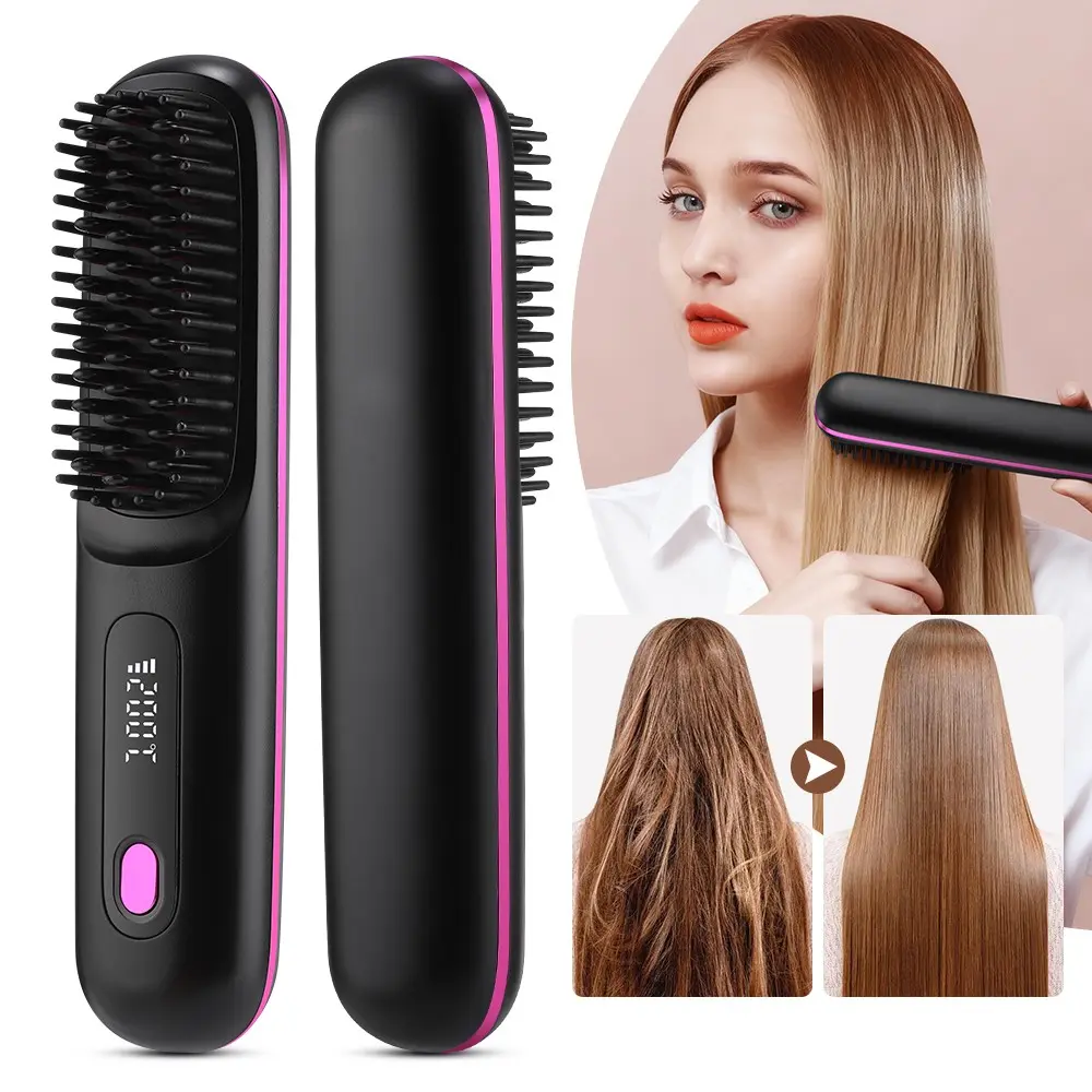 Wireless hair straightening brush, Wireless hair straightener, Cordless hair straightener, 3 temp modes with LCD display, extended teeth for fast smoothing, ceramic glaze heating, 160-200℃, double anti-scald, styling tool