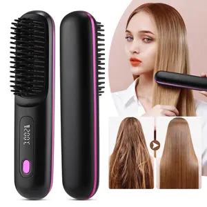 Wireless hair straightening brush, Wireless hair straightener, 3 temp modes with LCD display, extended teeth for fast smoothing, ceramic glaze heating, 160-200℃, double anti-scald, portable styling tool, Travel hair straightener