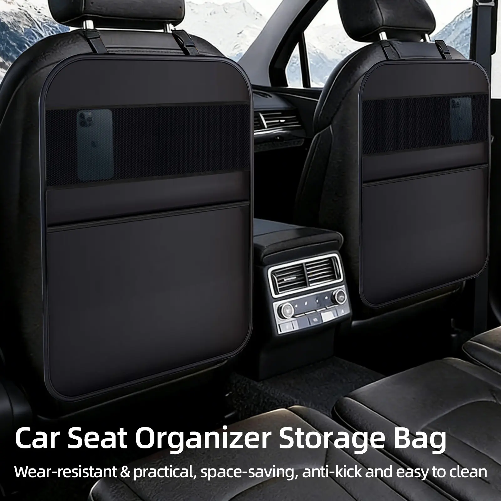 2-Pack PU Leather Car Kick Mats with Organizer - Car Organizers for SUV/Minivan/Truck, Universal Fit Automotive Backseat Protectors for Parents’ Kids Safety, Interior Tidiness Spill Guard Stowing & Tidying Tools