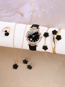 Women's Elegant Quartz Watch &, Including Round Dial Watch & Ring & Stud Earrings & Pendant Necklace & Bracelet, Fashion Watch Set, Trendy Jewelry Set, Matching Jewelry Set for Women As Gift