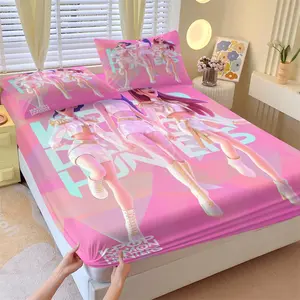K-Pop Anime Girl Group Fitted Sheet Set, 1 Fitted Sheet and 2 Coreless Pillowcases, Soft Breathable Fabric, Girlish Charm and Idol Vitality Bedding, Perfect for Gift or Bedroom Decor