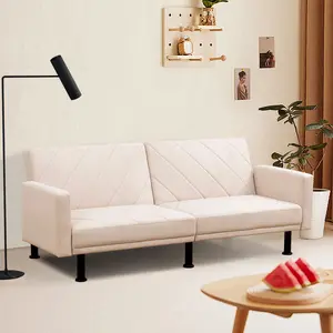 Beige Linen Sofa Bed for Living Room, Small Space Convertible Couch with Pull Out Bed for Apartment or Home Office