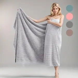 Good Quality 105x200cm Extra Large Grey Stripe Bath Towel, Thick Coral Fleece Soft Absorbent Quick Dry, No Shedding Bathroom Towel Outdoor Blankets Beach Towel Large Size