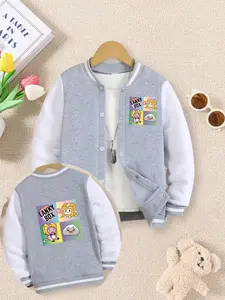 Lankybox Gradient Four-Panel Cartoon Print Boys' And Girls' Spring/Autumn New Style Cool Baseball Jacket Sweater Coat, Casual Jackets, Fashionable, Casual, Comfortable, Daily Outdoor Versatile Top, Ideal Gift Choice