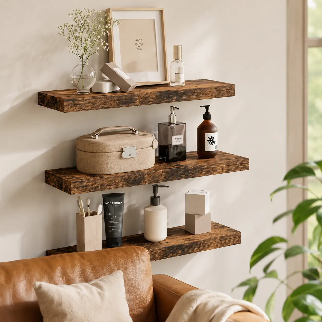 Littleox 15.8 Inch Floating Shelves for Wall (4 Pack) for Small Apartment Renters — Brown Natural Paulownia Wood with Invisible Brackets, Space-Saving Display for Living Room, Bedroom & Bathroom