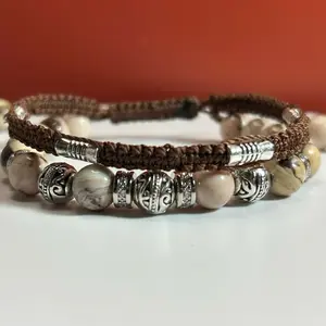Adjustable Double-Row Macrame Bracelet with Australian Zebra Jasper Gemstone and 925 Starling Silver Decorative Beads