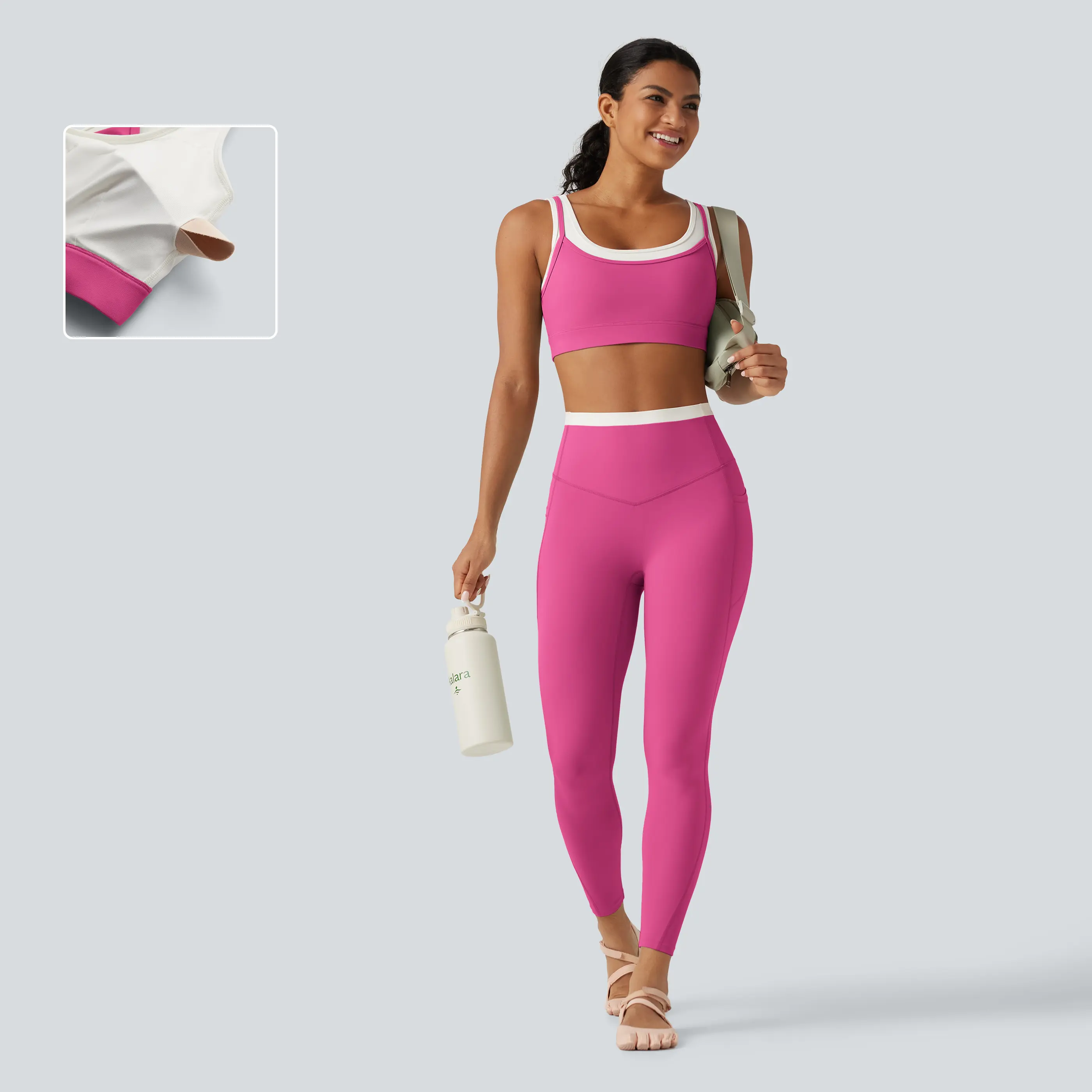 【Creator’s Pick】Halara UltraSculpt Medium Support 2-in-1 Twisted Back Color Block Sports Bra - High Waisted Tummy Control Color Block Skinny Yoga Leggings with Pockets