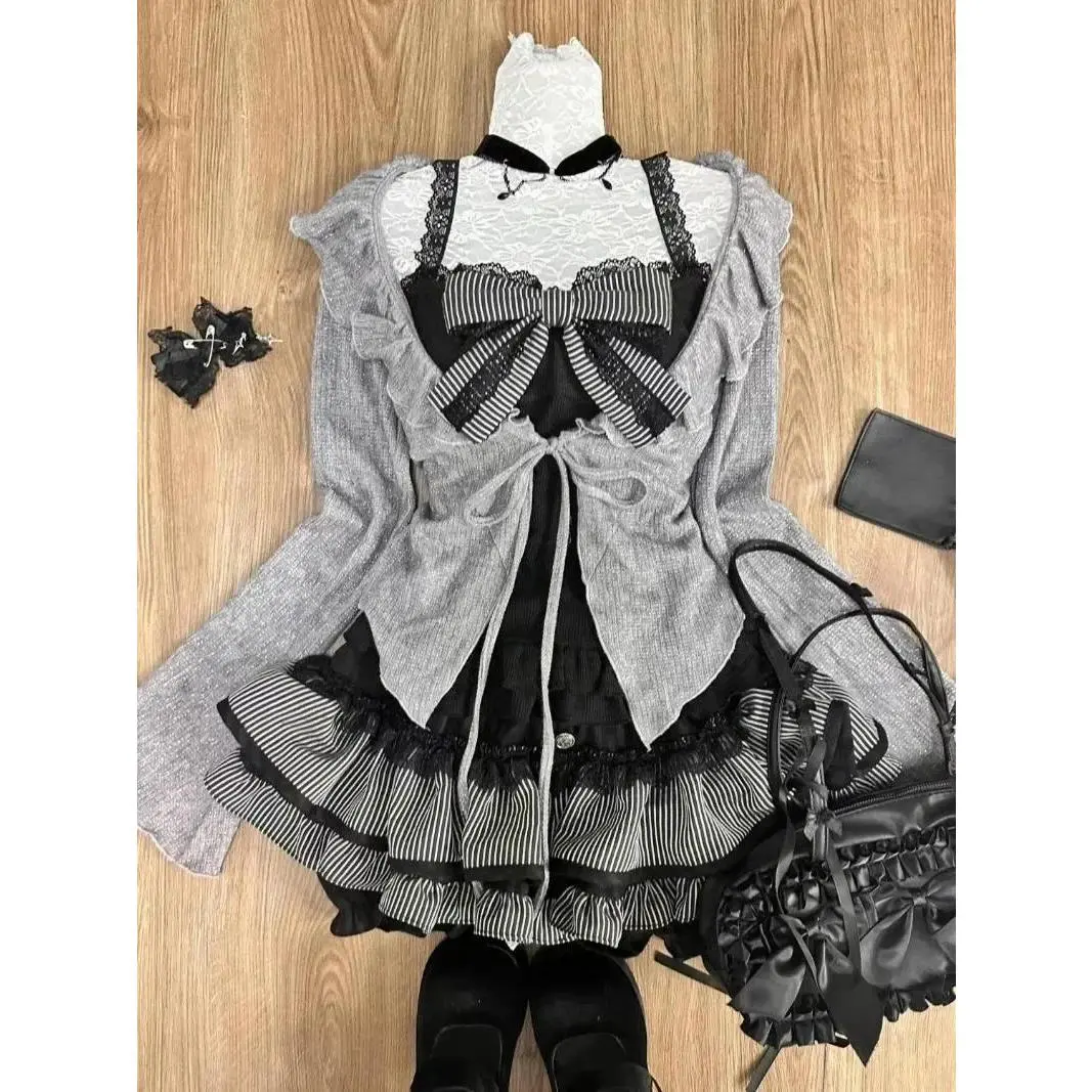 Sweet Lolita Early Autumn Three Piece Set Lace up Ruffles Cardigan Sexy Slim Fit Strapless Vest Tops High Waist Ruched Skirts