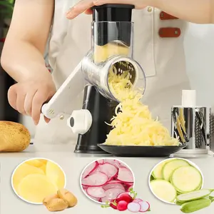 Rotary Cheese Grater with Handle, Manual Kitchen Vegetable Slicer, Nut Grinder, 3 Stainless Steel Blades, Durable Plastic Gadget, Rotary Cheese Shredder, Vegetable Slicer Dicer