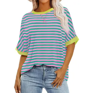 Women's oversized striped T-shirt summer casual color blocked half sleeved round neck top with green and pink stripesRAIMENTRY