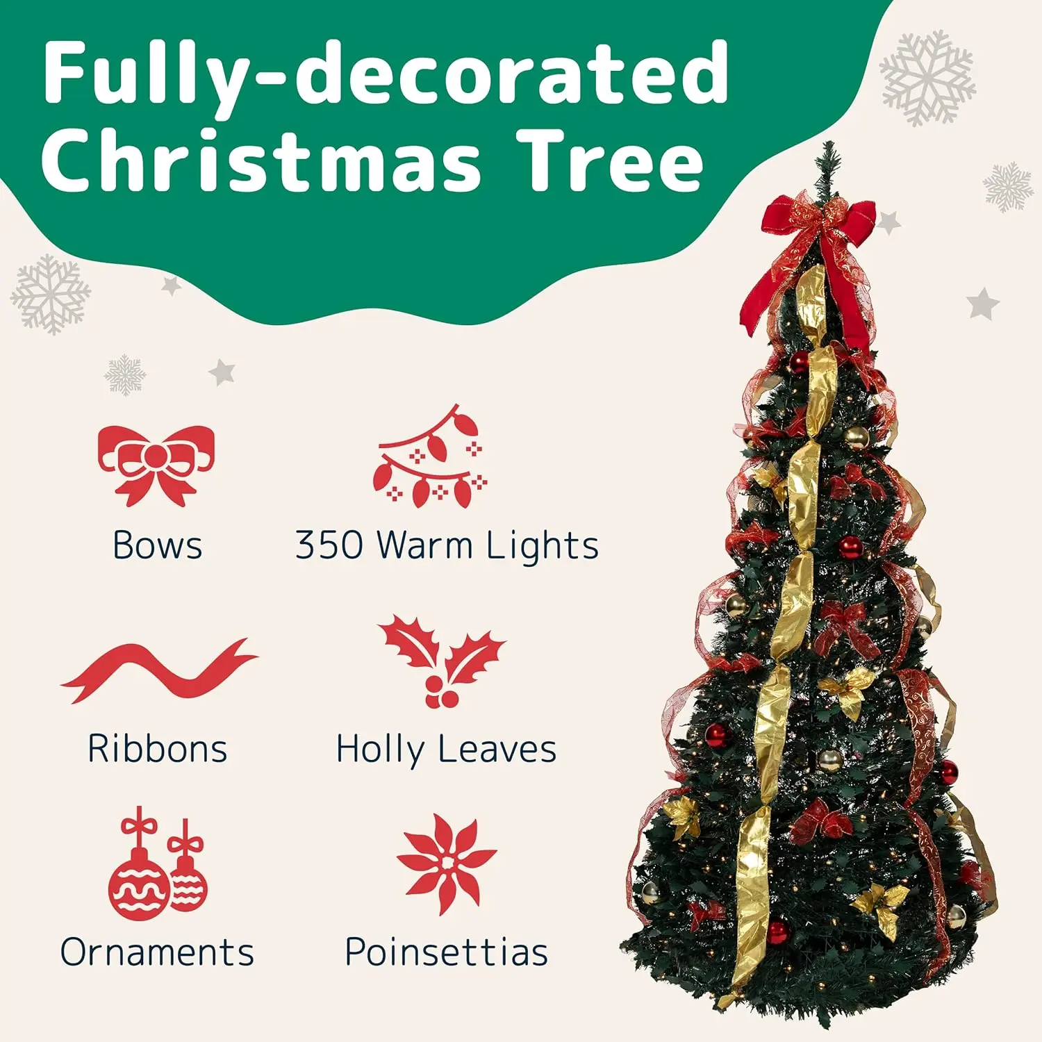 6 ft Fully Decorated Christmas Tree, Gold and Red Collapsible Christmas Tree with 350 Warm Lights, Bows, Pop Up with Lights.