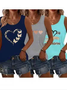 Women's Round Neck Sleeveless Tank Top 3 Piece Set, Casual Loose Fit Shirt, Heart Pattern Print, Multi-Color Options, Spring Summer & All Seasons Wear, Womenswear