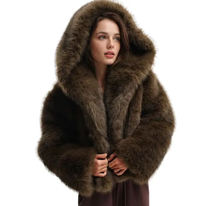 Yimoon Women's Faux Fur Coat with Hood Warm Cropped Fluffy Fur Jacket Long Sleeve Open Front Winter Jackets