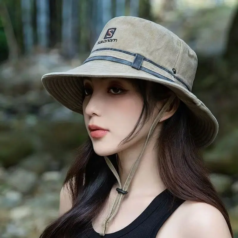 Vintage Wide Brim Fisherman Hat for Men and Women, Summer Sun Protection Hat, Outdoor Hiking Fishing Cap, Washed Vintage Style, Wind Cord Included