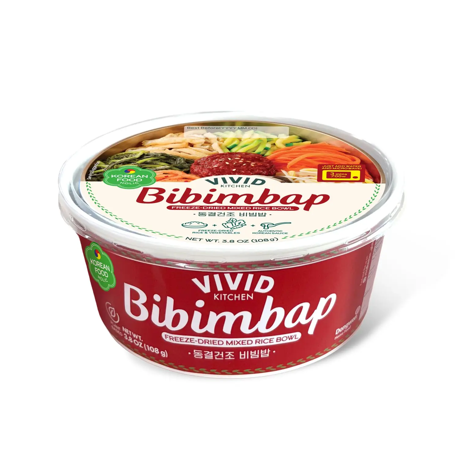 VIVID KITCHEN Freeze-Dried Bibimbap with Zero Sugar Sauce – Plant-Based Korean Meal – 3-Minute Microwave Bibimbap with 8 Vegetables – Lightweight, Portable Bowl (3.8oz / 108g) (1 EA)