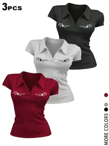 TikTok Viral 2026 Women's 3 Piece Star Print Polo Shirts Set, Stretchy, Soft, V-Neck Collared Slim Fit Short Sleeve Tops, Y2K Aesthetic Streetwear, Golf, Tennis, Daily Wear, Casual - Summer Outfits for Teen Girls & Young Women, Preppy Style Athletic