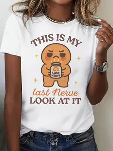 Funny "Stop Looking at My Last Nerve" T-Shirt with Brown Bear & Bottle Design - Soft Casual Round Neck Tee, Machine Washable Spring/Fall Essential - Humorous Graphic Top for Moms & Casual Attire