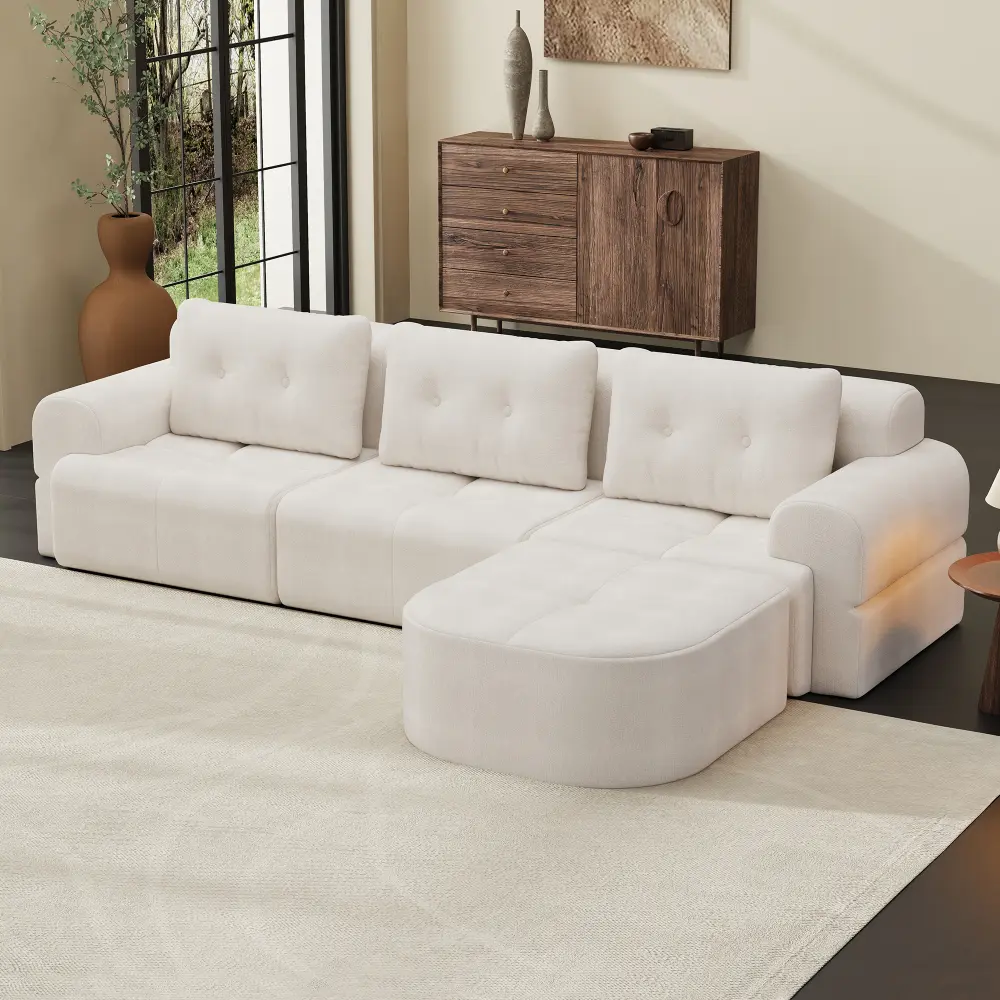 Modular Sectional Chaise Lounge Couch - Cushioned Deep Seating Frameless Sofa, Full-Foam Structure, Woven Texture Upholstery, Compression Packaging, Oversized Modern Indoor Living Room Furniture, Cushioned Sofas