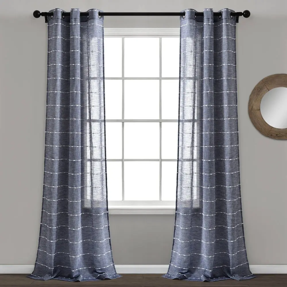 Set of 2 (84"x38") Farmhouse Texture Grommet Sheer Window Curtain Panels Navy - Lush Décor: Modern Stripe Design