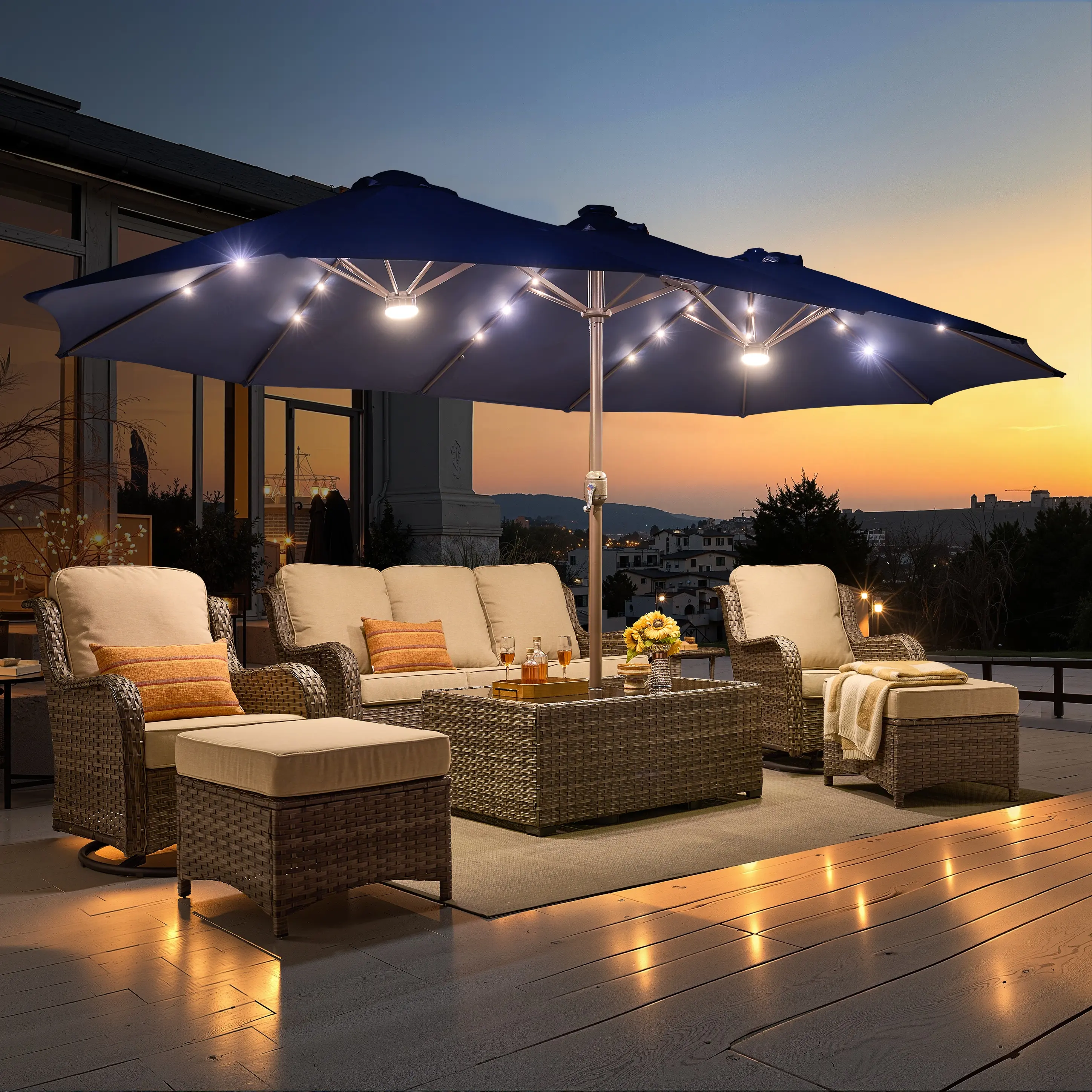 15ft Outdoor Patio Umbrella With Base, Solar LED Lights Umbrellas, Patio Tables with Umbrella Hole, Large Patio Umbrella With Crank Handle, Market Table Umbrella, Powerful UV Protective,  For Lawn Garden, Deck, Poolside