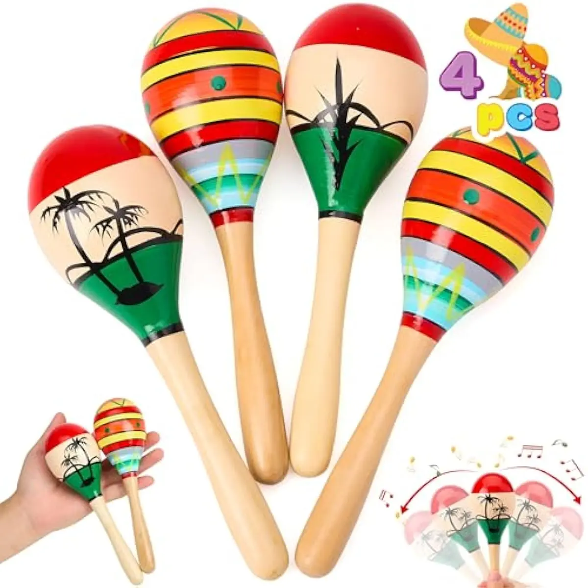 4 PCS Cinco De Mayo 7.6" Wooden Maracas for Kids, Maraca Magic, Wooden Noisemaker for Mexican Fiesta Party Favors, Musical Fun Parties, Luau Party, Carnivals, Taco Tuesday Event