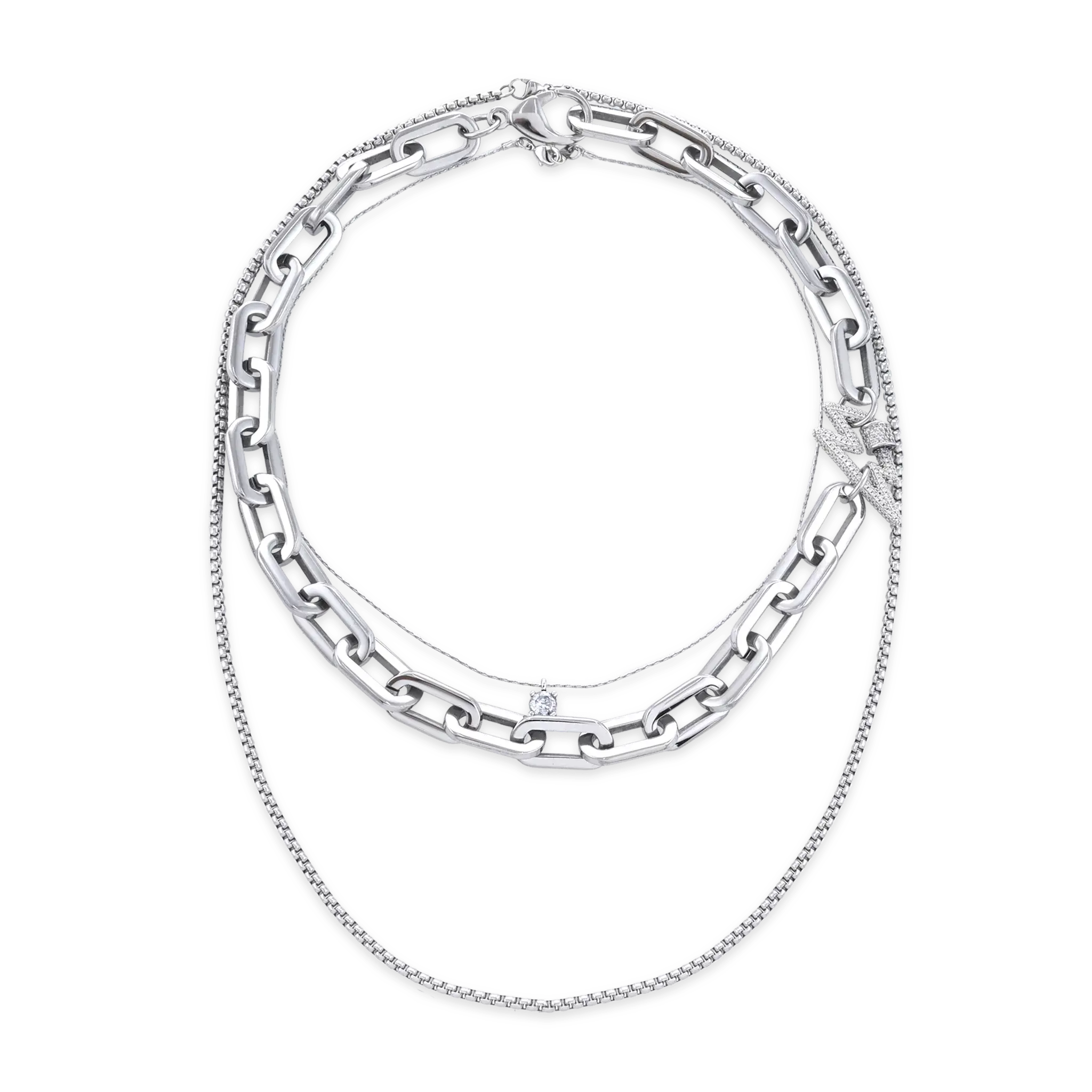 Fashionable Layered Necklace Set for Women, Chunky Stainless Steel Link Chain with a Zirconia Solitaire Pendant & Lightning Carabiner Clasp, Adjustable 16"-20" Length, Fashionable Accessory