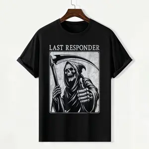 Last Responder Grim Reaper Men's Graphic Tee |   100% Cotton Crewneck Short Sleeve Tshirt |   Loose Casual Streetwear Fit |   Machine Washable |   Cool Skull Print World Tshirts |   Ideal Gift for Streetwear Fans