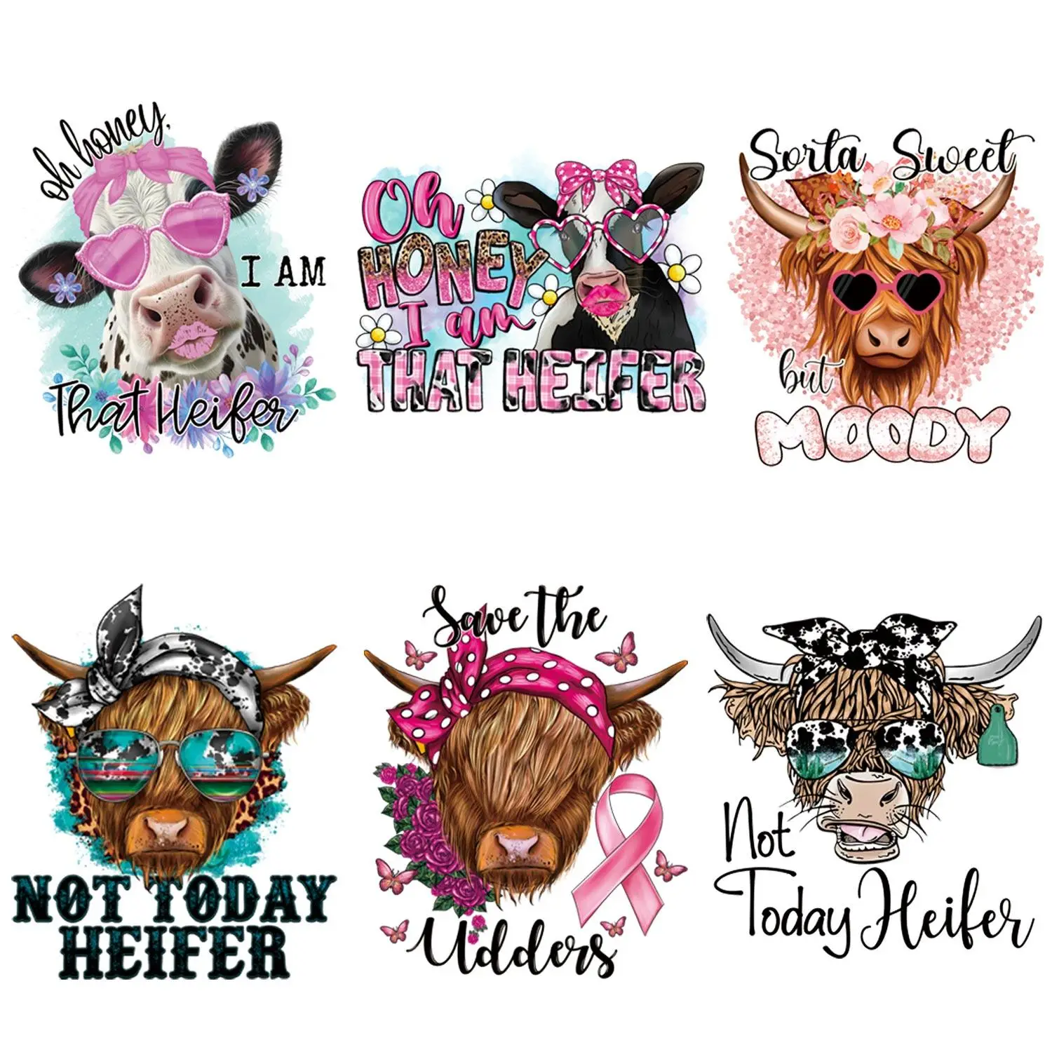 Cute Cow Pattern Heat Transfer Sticker, 6pcs DIY Heat Press Sticker For Clothes, Sewing Accessories Heat Transfer Sticker For T-Shirt, Jeans, Sweatshi