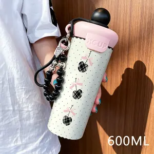 600ML Insulated Tumbler with Straw and Beaded Bracelet, Cherry Pattern, Stainless Steel, Leak-Proof, Ideal for Home, Commute, Travel, Gift, Flasks