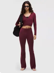 Valentine's Day Edition Yoga Set, Yoga Long Sleeve & Yoga Leggings, Slim-Fit Solid Color V-Neck 2-Piece Yoga Outfit, Fall Winter Airport Wear