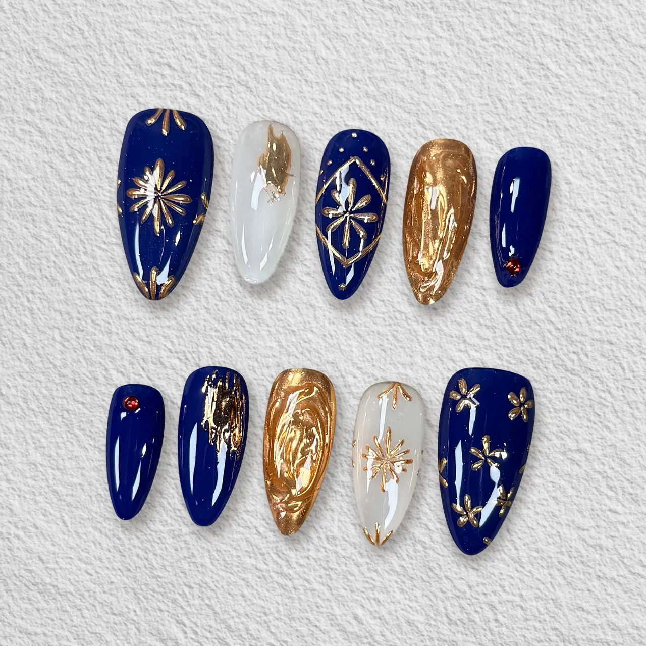 Pressmeon Handmade Press-on Nails | Crown of Stars | Medium Almond Shape Collection | 3D Luxury Salon Quality | Reusable & Extra Durable | Eco Package