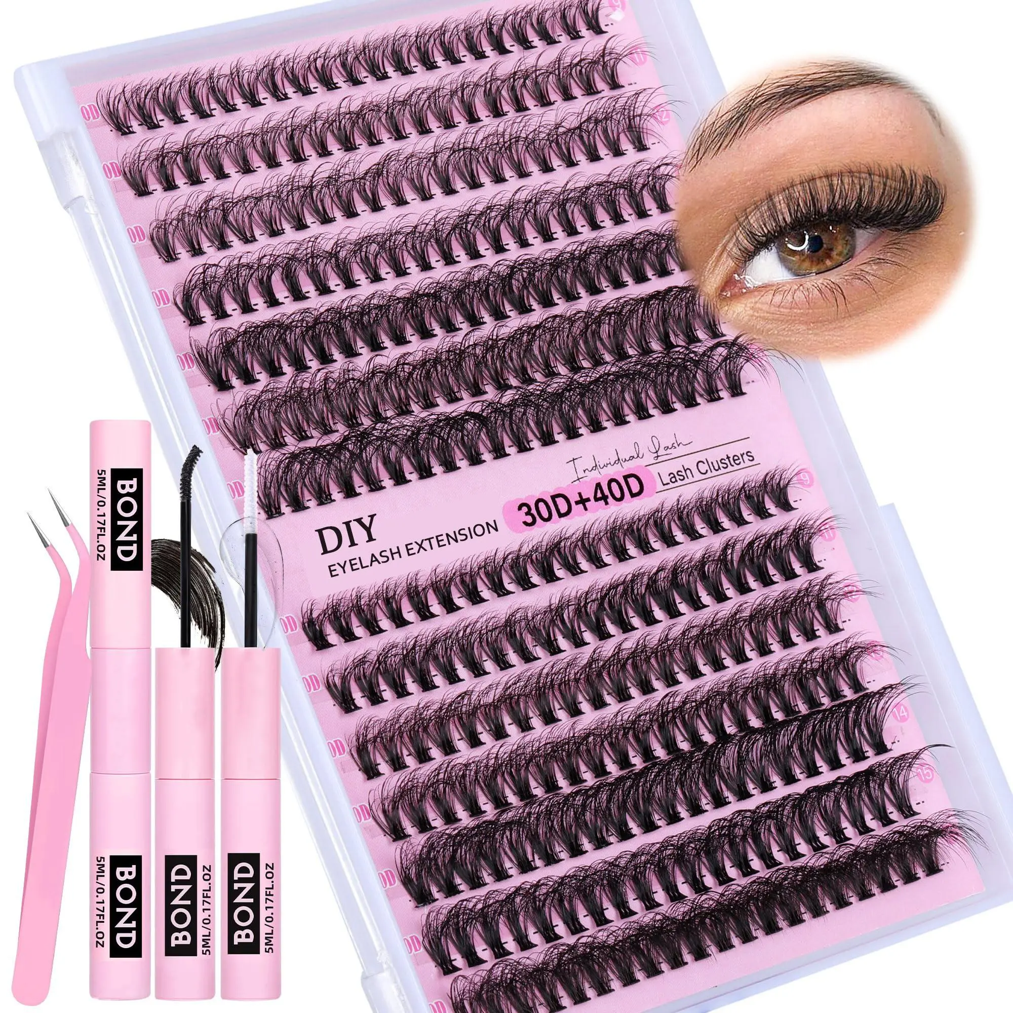 Valentine's Day Gife,Fluffy Lashes Extension Kit 30D+40D 0.07mm 9-16 Eyelash Clusters 280pcs Cluster Lashes with Bond and Seal Lash Glue and Lash Applicator 9-16mm False Eyelashes Clusters Kit