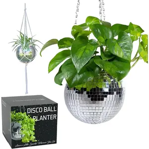 SCANDINORDICA Disco Ball Planter – Mirror Disco Planter with Chain, Macrame Hanger & Acrylic Stand, 6 Inch Silver, Includes Self Watering Insert