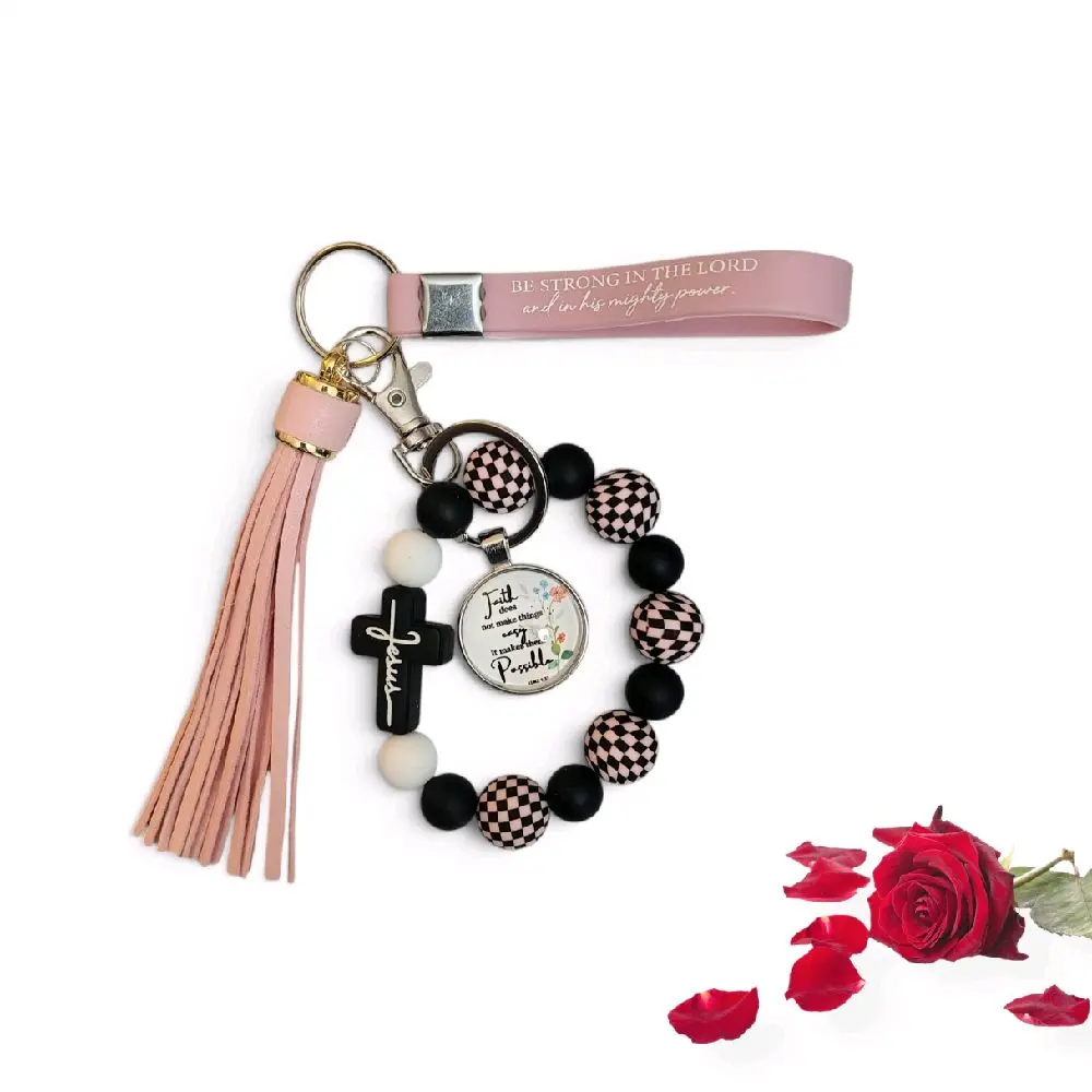 Faith Does Not Make Things Easy It Makes Things Possible Keychain Baraclet with Pink Tassel