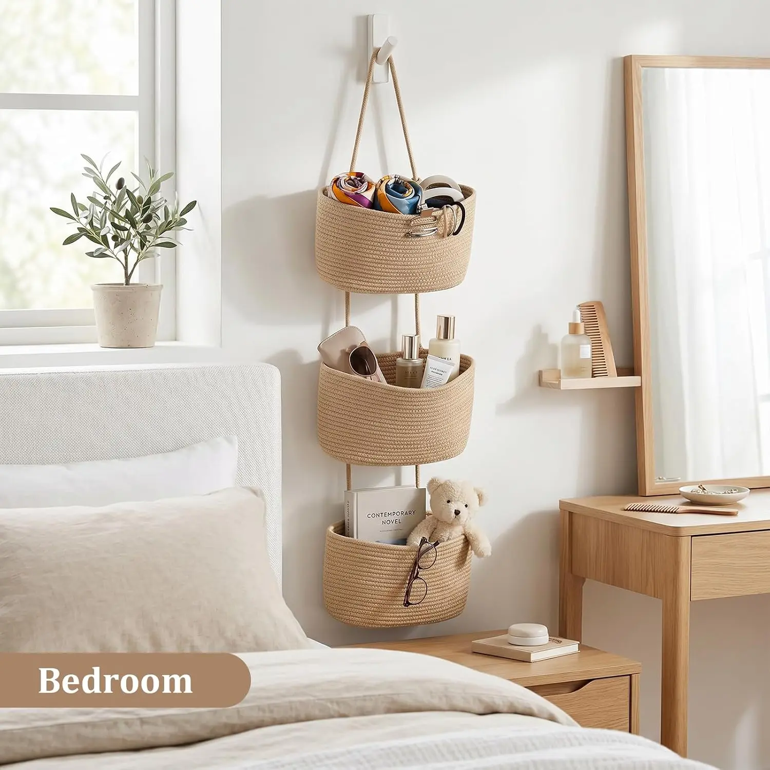 Hanging combination woven storage basket for storing cosmetics, can be wall-mounted for miscellaneous items at home, space-saving fabric storage box, suitable for bathroom, kitchen, and bedroom