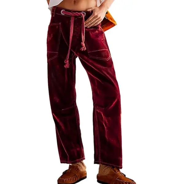 Women's Mid-Rise Barrel Jeans - Velvet Flocked Denim Pants with Drawstring Waist, Pockets, Button Closure, Ankle Length, Casual Streetwear for All Seasons, Ladies' Oversized Bottoms