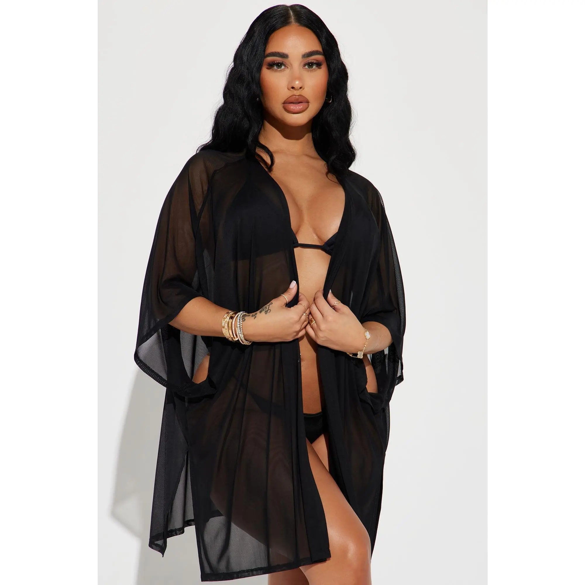 Maui Mix And Match Mesh Cover Up Kimono - Black