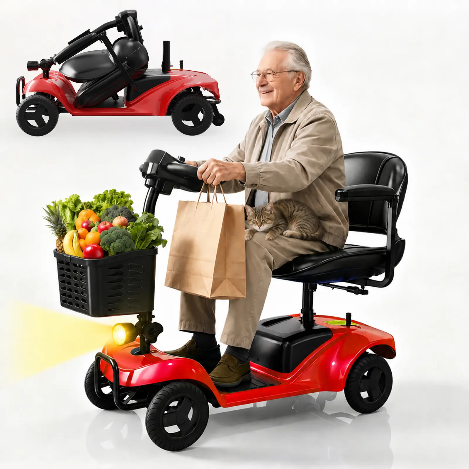 Motorized Foldable Folding Scooter - 4-Wheel, 28 Mi Range, 300LBS Capacity, Lightweight Portable, LED Headlights, Basket, With Charger, Gifts for Elders (Health & Medical Supplies Wheelchair Alternative)