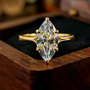 Women's Golden Metal Marquise-Cut Single-Stone Solitaire Engagement Ring - Elegant Artificial Crystal Promise Ring, Minimalist Wedding Anniversary Jewelry Gift, Solitaire Engagement Rings