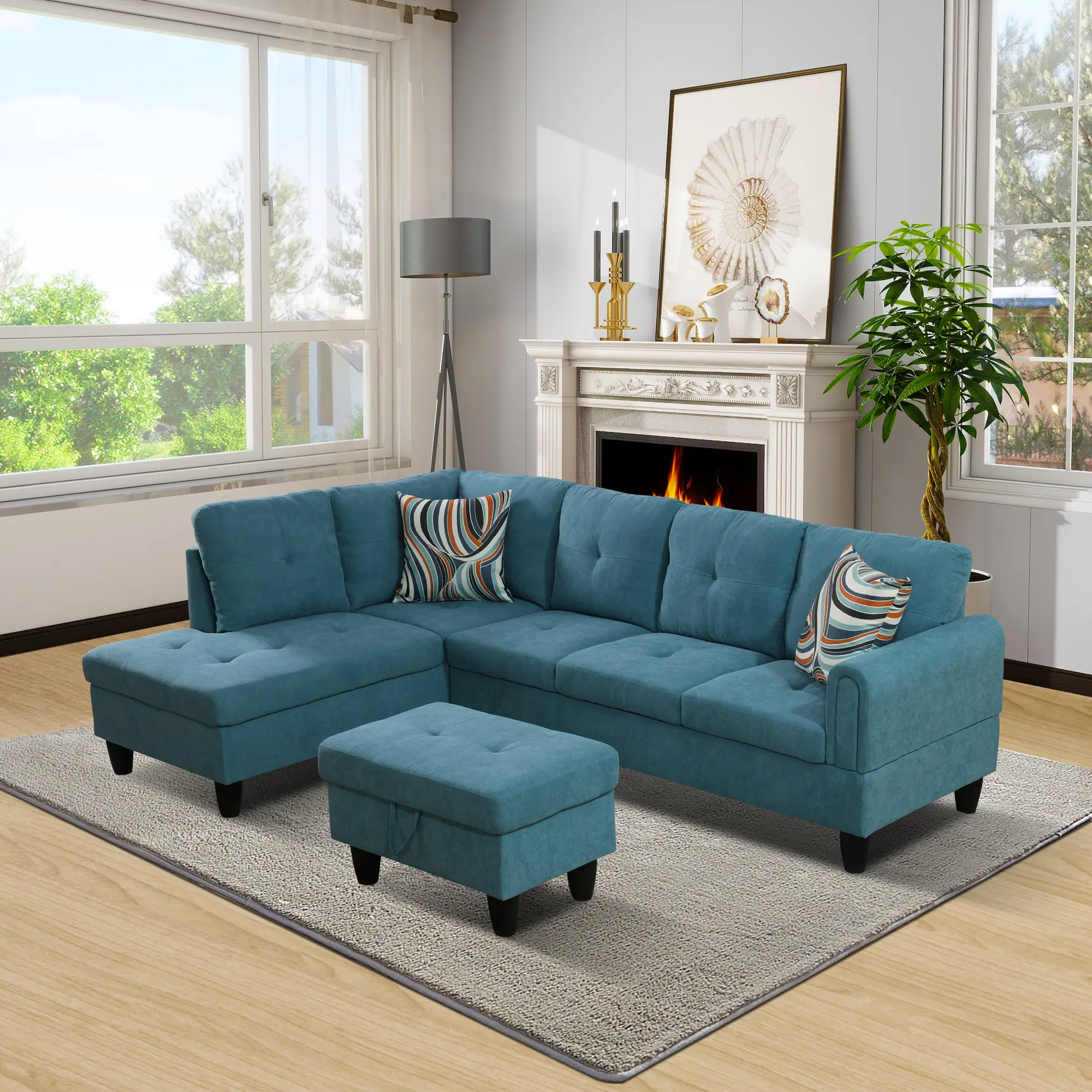 Modern Teal Blue 3-Piece Sectional Sofa Set - Sturdy 5-Seat Fluffy Cotton Couch, Fixed Arms, Soft Texture, Requires Assembly, No Fire Safety Label, All Seasons Indoor Furniture for Home, Apartment
