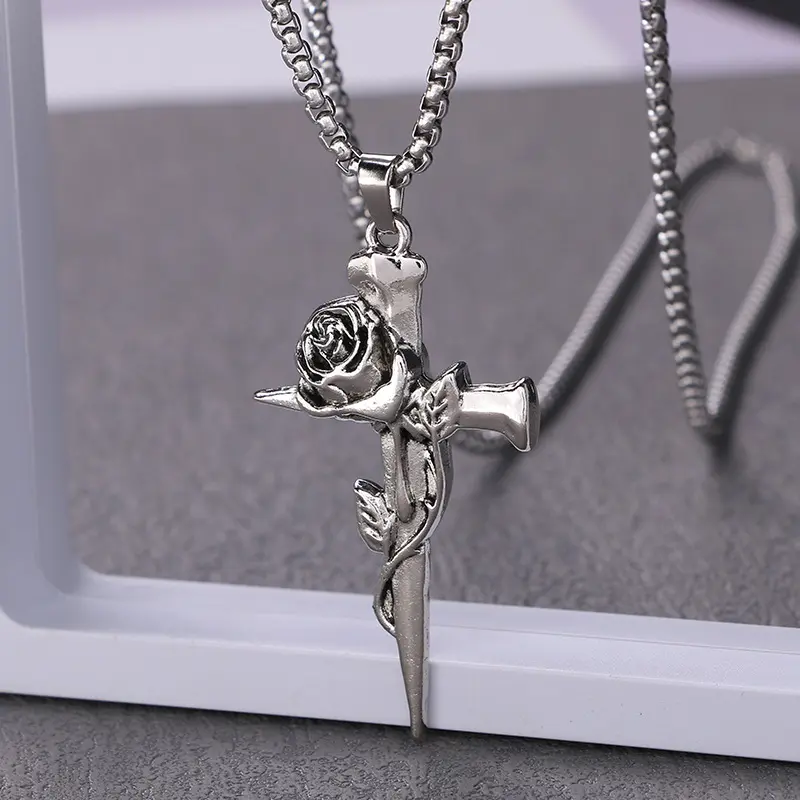 Retro Casual Vintage Rose Thorns Cross Necklace, Minimalist Metal Coated Jewelry with Double-Sided Flower Pendant, Long Chain Sweater Necklace (60cm, 70cm Lengths) for Everyday Wear