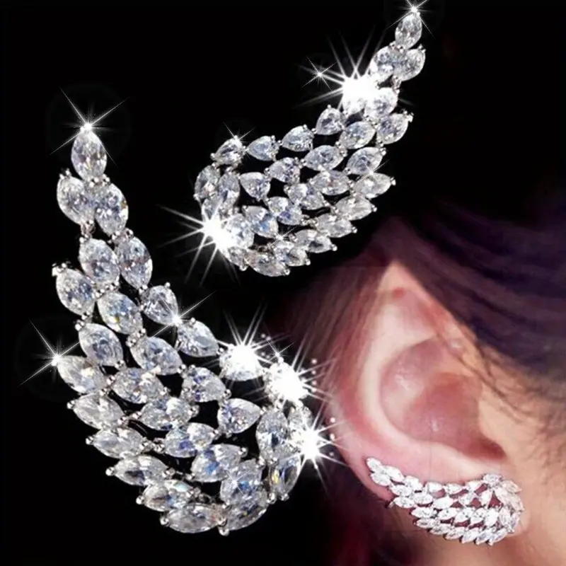Women's Luxurious Copper Inlaid Zircon Angel Wing Earrings Jewelry - Stylish, Delicate, Sparkling Synthetic Cubic Zirconia Fashionable Earrings for Everyday Wear, Party Weddings, Birthday Anniversary Gifts, Sparkling Cz, Luxurious Shine, Pair Set