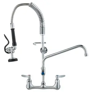 VEVOR Wall-Mounted Kitchen Faucet, 25 Tall, 8 Center Distance, 12 Rotatable Spout, Includes Pre-Rinse Spray, Brass Build, Pull-Down Feature, Suitable for Multi-Compartment Sinks