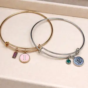 GOLD TONE Initial & Birthstone Bangle Bracelet with Personalized Charm and Gemstone Accents for Women - Customizable with Colored Initial Letters and Choice of Birthstone Colors
