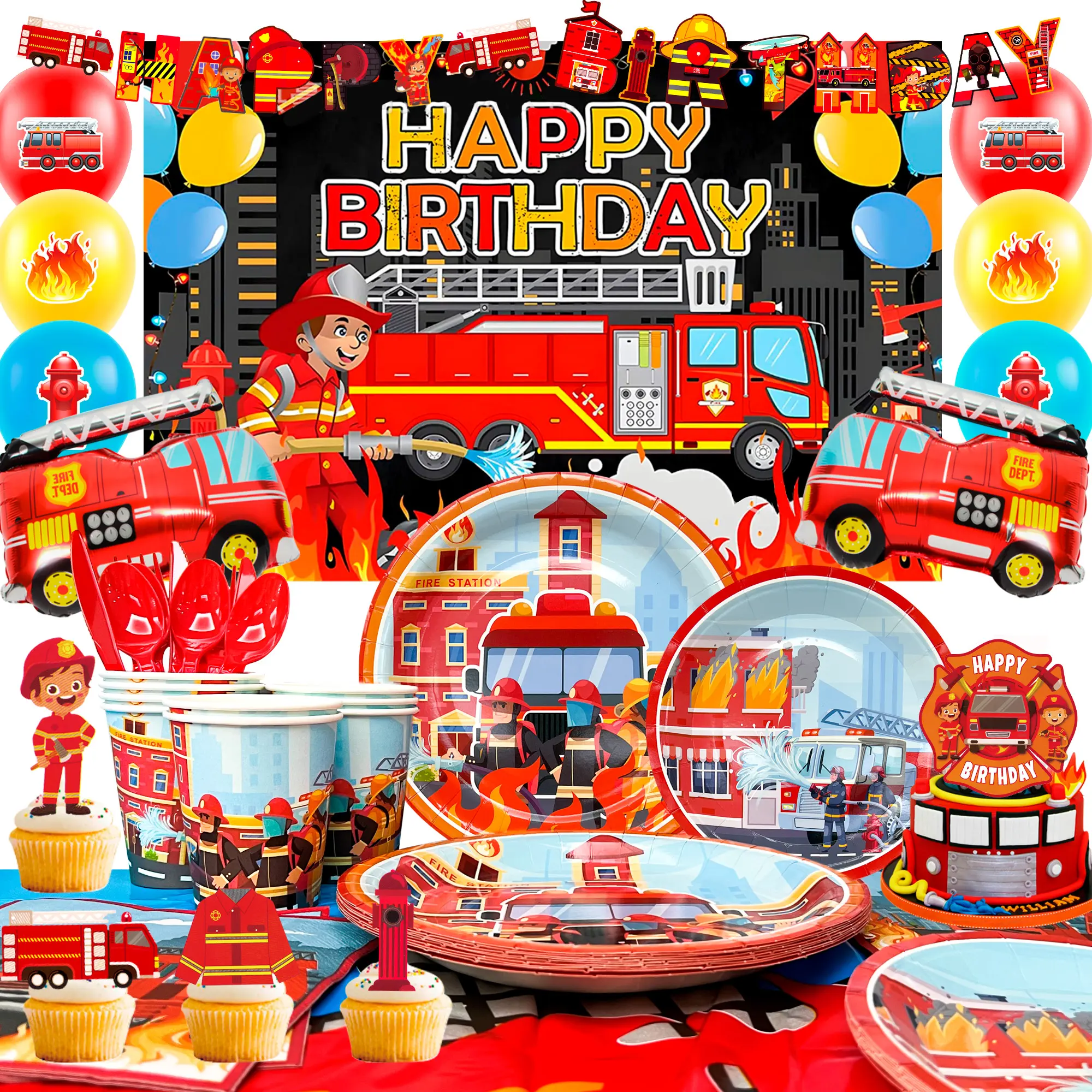 Fire Truck Birthday Party Supplies, 114pcs Firetruck Birthday Decorations & Tableware Set - Fire Truck Party Plates Cups Napkins & Firefighter Themed Balloon Backdrop etc Fire Truck Party Supplies