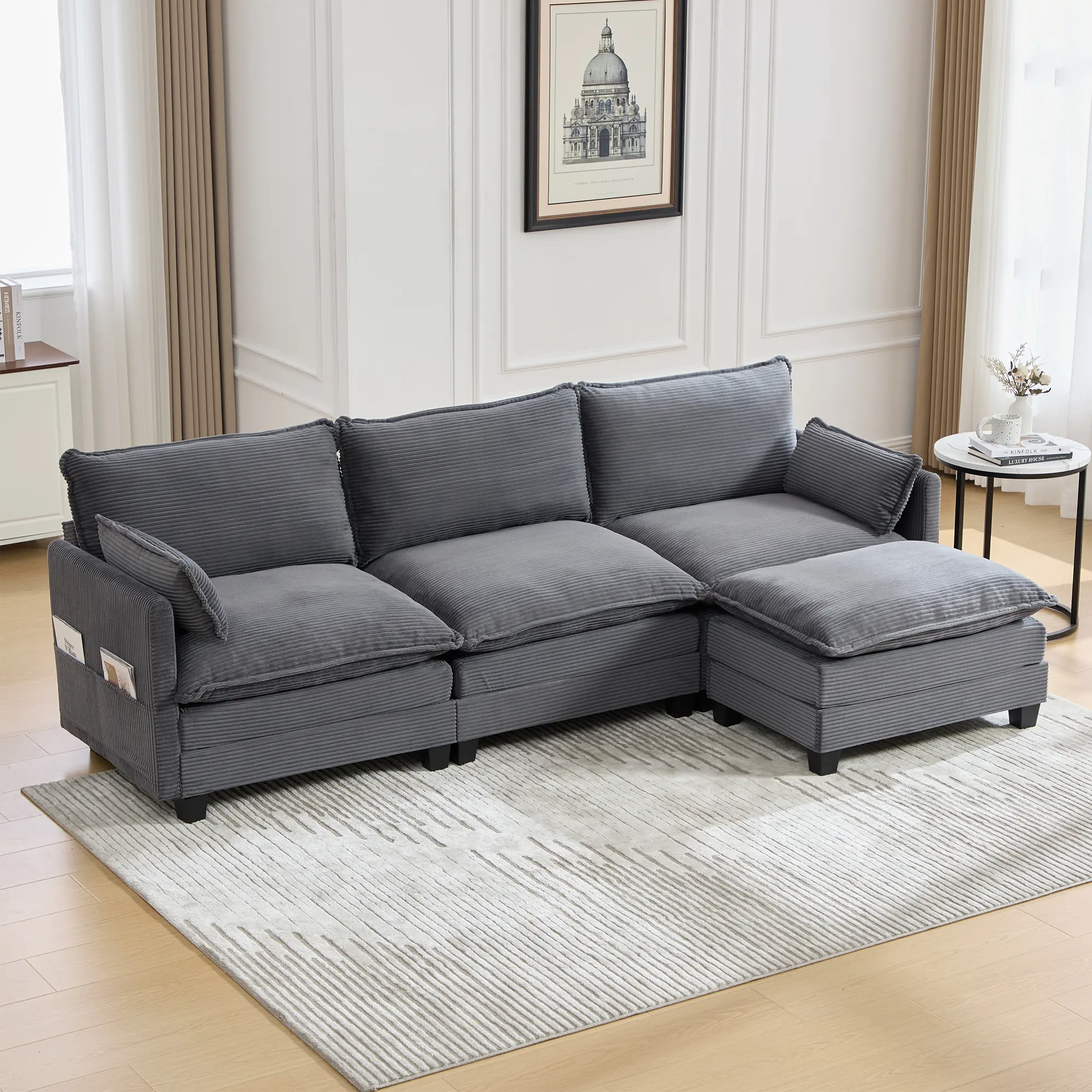 [2 Packages Shipped] Oversized Modular Sectional Sofa with Movable Ottoman, 102 Inch 4 Seat Modern Corduroy Sofa Set, Convertible L Shaped  for Living Room and Office deep seat sofa comfy chaise chenille 2-piece couches